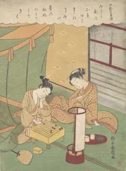 Eine junge Frau und ein Mann spielen Shogi (japanisches Schach), Chunagon Kanesuke, aus einer Serie, ca. 1767-69