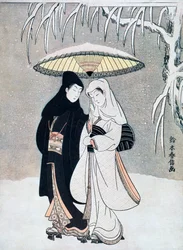 Krähe und Reiher oder junge Liebende, die zusammen unter einem Regenschirm im Schneesturm spazieren, ca. 1769