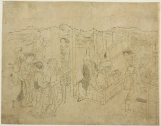 Schlüsselblockdruck für Die Einführung (Miai), das erste Blatt aus der Serie "Ehe in Brokatdrucken, der Wagen der tugendhaften Frau (Konrei nishiki misao-guruma)"