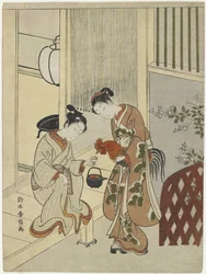 Liebende, die einen Hahn mit Sake versorgen, um 1767