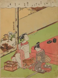 Eine Oiran, die eine Pfeife raucht, und ihre dösende Dienerin