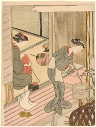 Rückkehrende Segel des Handtuchhalters (Tenugui-kake no kihan), aus der Serie "Acht Ansichten des Salons (Zashiki hakkei)"