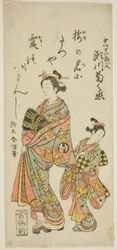 Der Schauspieler Segawa Kikunojo II als Kurtisane Umegae im Stück "Hiragana Seisuiki," aufgeführt im Ichimura Theater im ersten Monat, 1764