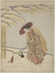 Frau beim Ausgraben von Bambussprossen im Schnee oder Parodie auf Meng Zong (Mōsō), aus „Vierundzwanzig Vorbilder kindlicher Pietät“