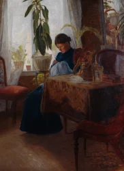 Innenraum mit nähender Frau