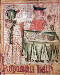 Innenansicht eines Ladens, aus den Nationalen Gesetzeskodizes von Magnus Eriksson (1319-64) ca. 1450