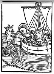 Die Legende des Heiligen Brendan (Brandan), Held und irischer Heiliger des 6. Jahrhunderts. Alle Mönche schlafen beim Gesang der Sirenen ein. Gravur aus „Die Wunderbare Meerfahrt des Hl. Brandan“ Basel