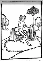 Die Legende von Saint Brendan (Brandan), Held und irischer Heiliger des 6. Jahrhunderts. Begegnung mit einem heiligen Einsiedler, der auf einem Felsen im offenen Meer lebt. Gravur aus „Die Wunderbare Meerfahrt des Hl. Brandan“. Bale