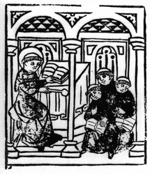 Die Legende des Heiligen Brendan (Brandan), Held und irischer Heiliger des 6. Jahrhunderts. Der Heilige erzählt seinen Mitbrüdern im Kloster die Wunder des Meeres. Gravur aus „Die Wunderbare Meerfahrt des Hl. Brandan“ Basel