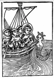 Die Legende von Saint Brendan (Brandan), Held und irischer Heiliger des 6. Jahrhunderts. Das Treffen von Saint Brendan mit der Sirene. Gravur aus "Die Wunderbare Meerfahrt des Hl. Brandan"
