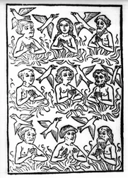 Die Legende von Sankt Brendan (Brandan), Held und irischer Heiliger des 6. Jahrhunderts: Die Feuer des Fegefeuers und die Feuer Vögel. Gravur aus „Die Wunderbare Meerfahrt des Hl. Brandan“. Basel