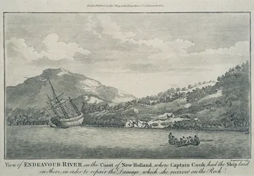 Kapitän Cook, nach einem Schiffbruch auf seiner Weltreise, lässt die Endeavour in einem Hafen auf einer der Hope-Inseln reparieren, ca. 1786 (Gravur)