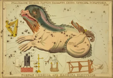 Psalterium Georgii, Fluvius Eridanus, Cetus, Officina Sculptoris, Fornax Chemica und Machina Electrica, Illustration aus 