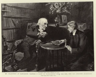 Mr. Gladstone in Hawarden, spielt ein Spiel Backgammon mit seinem Sohn, dem Reverend Stephen Gladstone