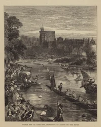 Feiertag in Eton, die Prozession der Achter auf dem Fluss