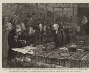 Die Wiederzusammenkunft des Parlaments, Mr. Gladstone betritt das Haus während Mr. Fowlers Rede zum Gemeinderatsgesetz