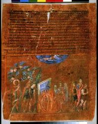 Ganzseitig: Text und Miniatur: Gott verflucht die Schlange und das erste Menschenpaar