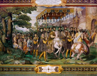 Franz I. empfängt Karl V. und Kardinal Alessio Farnese in Paris