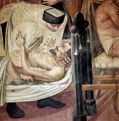 Pflege der Kranken in einem Krankenhaus, eine Krankenschwester hilft einem Verletzten auf einer Trage (Detail). Fresko von Taddeo di Bartolo (1363-1422) 14. Jahrhundert Siena, Spedale di Santa Maria della Scala