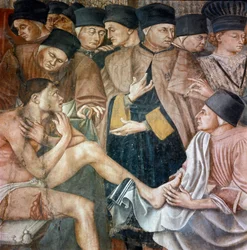 Pflege der Kranken in einem Krankenhaus, Krankenschwestern waschen die Füße eines verwundeten Pilgers (Detail). Fresko von Taddeo di Bartolo (1363-1422) 14. Jahrhundert Siena, Spedale di Santa Maria della Scala