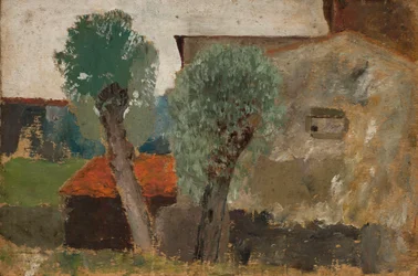 Fragment eines Hauses mit zwei Bäumen