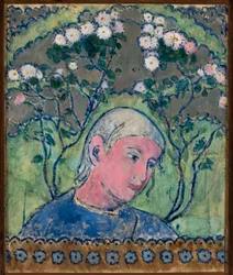 Kopf eines Mädchens inmitten von Blumen