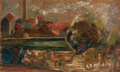 Landschaft mit Fabrikschornstein