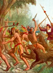 Indianer werden von Hunden gejagt, die von den Spaniern im Kampf eingesetzt werden