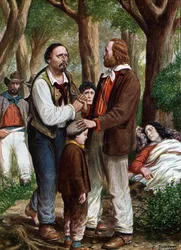 Risorgimento: Giuseppe Garibaldi italienischer Patriot (1807-1882) verabschiedet Angelo Brunetti genannt Ciceruacchio beim Tod von Anita, August 1849 (Illustration)