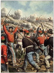 Risorgimento: Darstellung von Giuseppe Garibaldi (1807-1882) während einer Schlacht - Titelblatt für "Garibaldi, Cronistoria illustrata dell