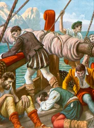 Die Besatzung des spanischen Schiffes Trinidad, dezimiert durch Hunger und Krankheit