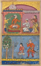 Seite aus den Geschichten eines Papageis Tuti-nama: Achte Nacht: Die Dienerin appelliert..., ca. 1560