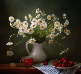 Frische Gänseblümchen und Erdbeeren