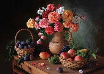 Rustikale Früchte und Blumen