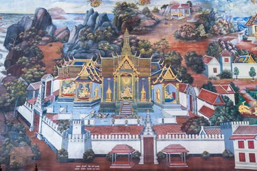 Wandgemälde mit Szenen aus dem Ramayana im Wat Phra Kaeo, dem Königlichen Großen Palast, Bangkok, Thailand