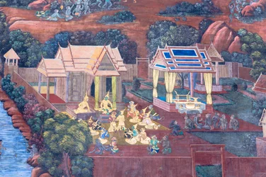 Wandgemälde mit Szenen aus dem Ramayana im Wat Phra Kaeo, Königspalast, Bangkok, Thailand