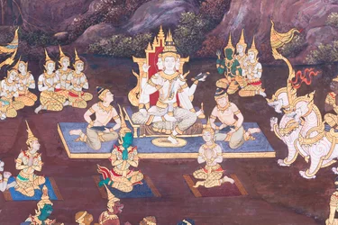 Wandgemälde mit Szenen aus dem Ramayana im Wat Phra Kaeo, dem Königlichen Großen Palast, Bangkok, Thailand