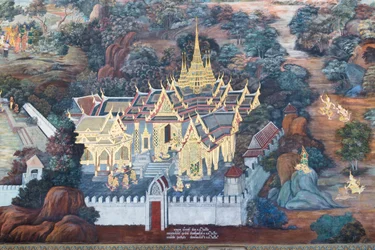 Wandgemälde mit Szenen aus dem Ramayana im Wat Phra Kaeo, dem Königspalast, Bangkok, Thailand