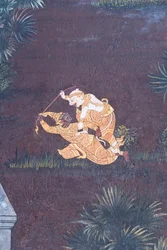 Wandgemälde mit Szenen aus dem Ramayana im Wat Phra Kaeo, dem Königspalast, Bangkok, Thailand