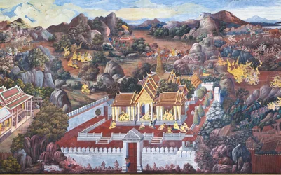 Wandgemälde mit Szenen aus dem Ramakian im Wat Phra Kaeo, dem Königspalast, Bangkok, Thailand