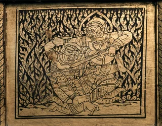 THAI KUNST: Eine Episode im „Ramayana“. Buchschrank, Bangkok Stil