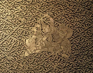 THAI KUNST: Eine Episode im „Ramayana“ mit Kra Nak Dekoration. Buchhülle, Bangkok St