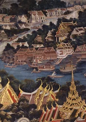 Ansicht des Königspalastes von Bangkok, des Chao Phraya Flusses und Tonburi, mit thailändischen Holzhäusern und chinesischen Ziegel- und Stuckhäusern