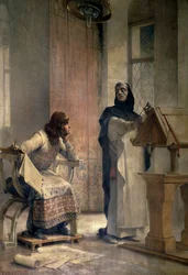 Ludwig IX. (1214-1270), bevor er König von Frankreich wurde, studierte Mathematik mit Vincent de Beauvais (1190-1264), Dominikanerbruder, in der Abtei von Royaumont. Gemälde von Theobald Chartran (1849-1907). Paris, La Sorbonne