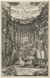 Zwei Männer und wilde Tiere vor einem Wald (Titelblatt für: Indiae Utriusque, 1658)