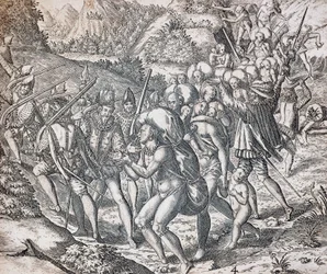 Eingeborene werden auf Schiffe verladen, um in Sevilla in die Sklaverei gebracht zu werden, Kupferstich von Theodor de Bry (1528-1598), Antillen