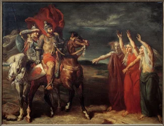 Macbeth und die drei Hexen, Illustration von Szene 3 des ersten Aktes von William Shakespeares Stück „Macbeth“