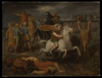 Szene aus den Gallischen Kriegen: Der Gallier Litaviccus, der die Sache Roms verrät, flieht nach Gergovia, um Vercingetorix zu unterstützen