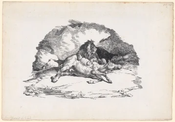 Löwe, der ein Pferd verschlingt