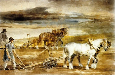 Szene des Pflügens in England, ca. 1820